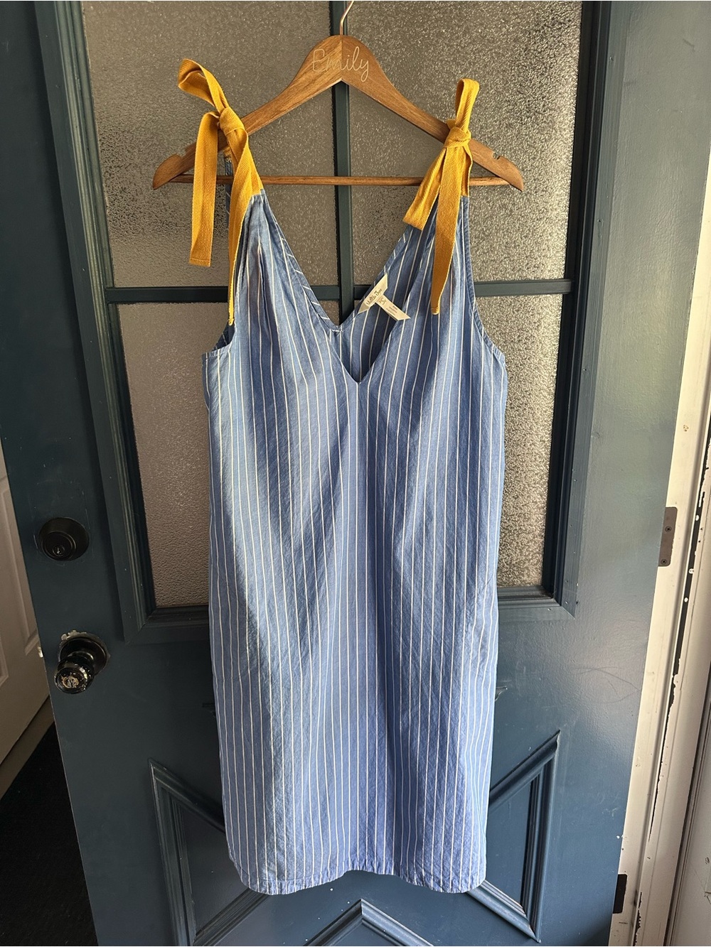 Matilda Jane Blue Pinstripe Tie-Shoulder Swim Coverup with Mustard Straps